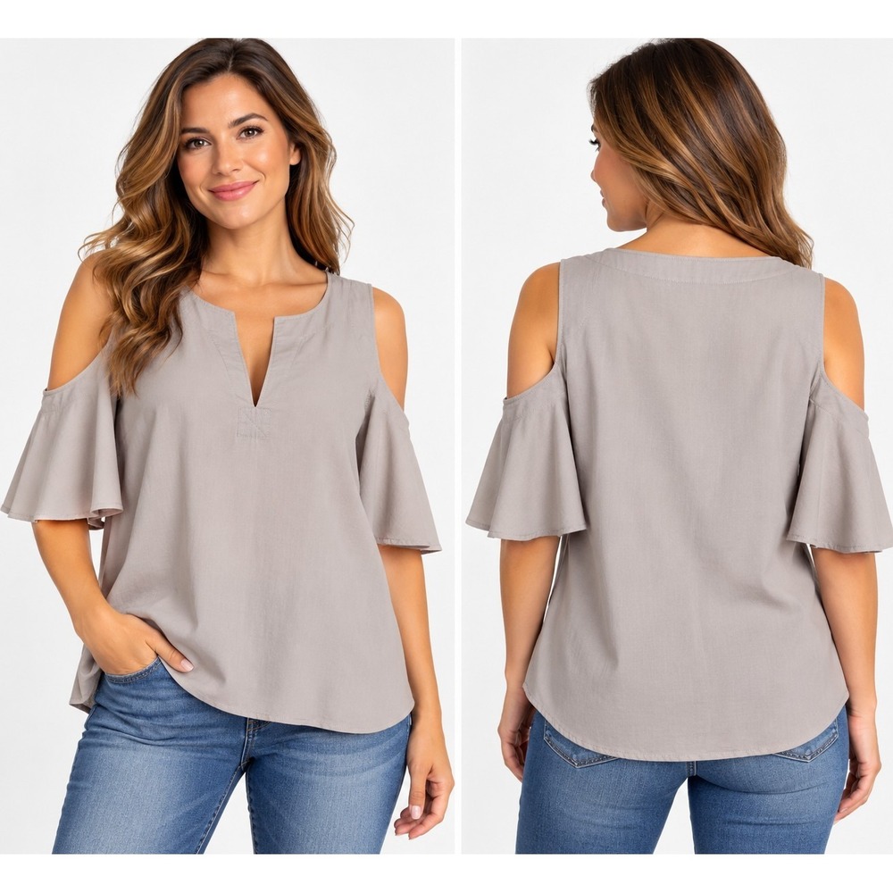 BCBGMAXAZRIA cold-shoulder blouse deep V-neck Cotton Sz XXS Taupe  Business